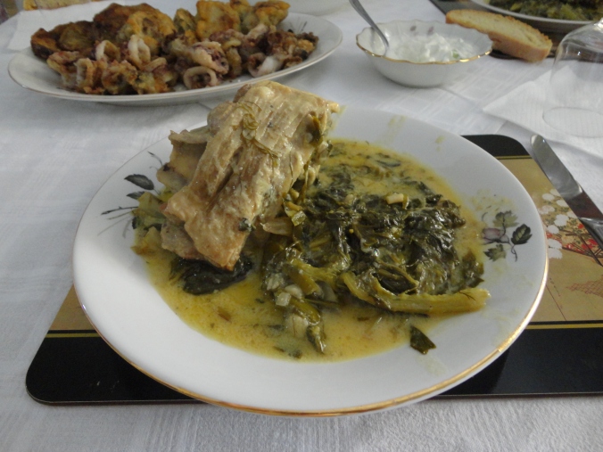 Roasted lamb and greens in avgolemino sauce.